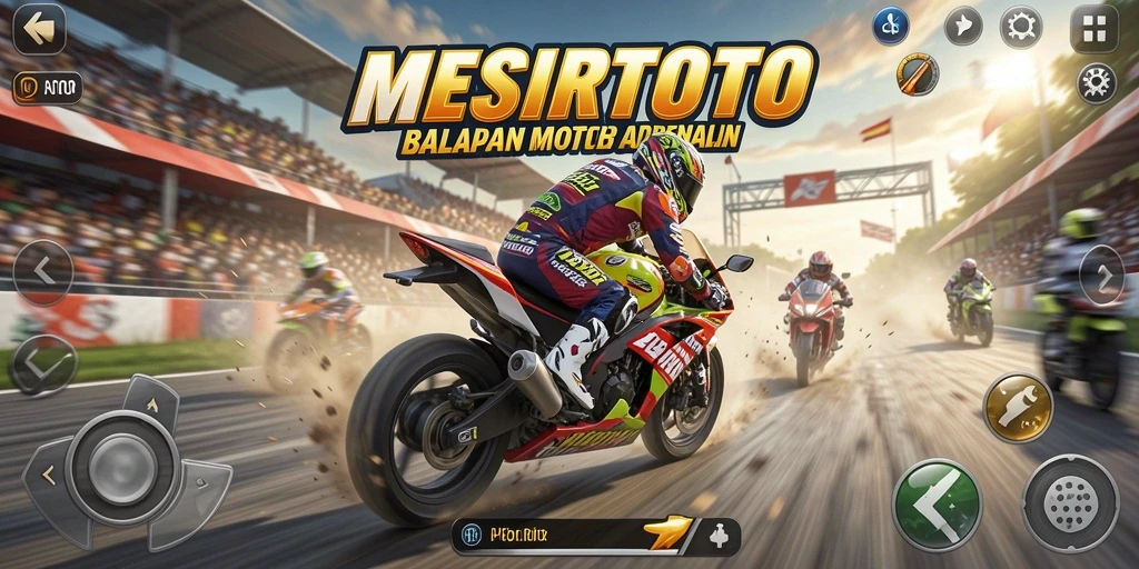 Tangkapan layar utama MESIRTOTO menampilkan aksi balapan motor yang mendebarkan.