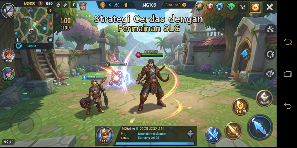 Screenshot gameplay MG108 yang menunjukkan pertempuran strategis dan manajemen sumber daya.